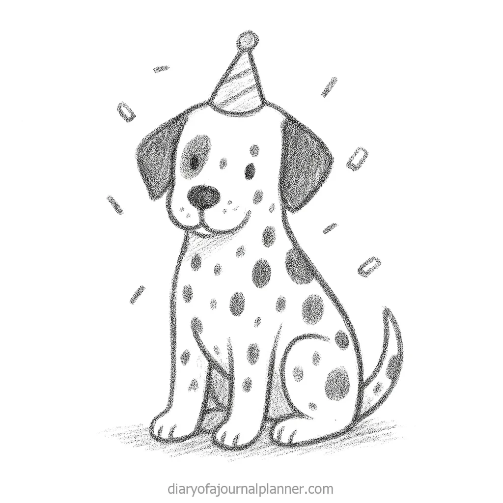 Cartoon Dalmatian puppy wearing a party hat with confetti around, drawn in pencil style.