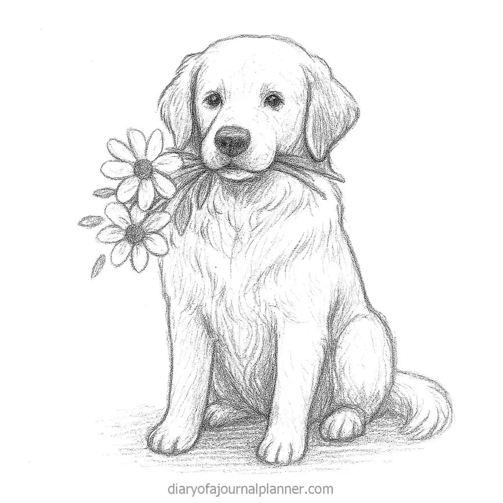 Adorable puppy sketch holding flowers in mouth, detailed pencil drawing.
