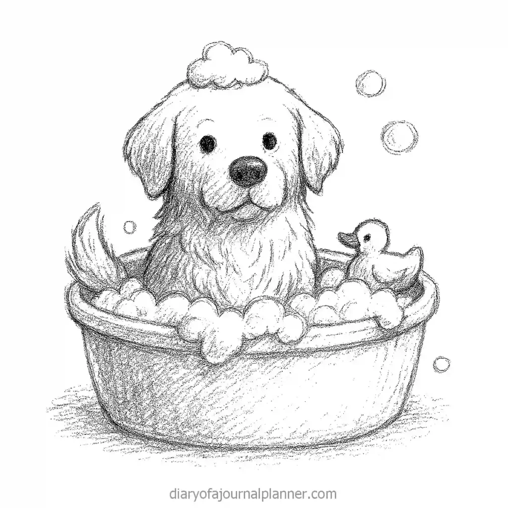 Cute dog in bubbly bath with a rubber duck. Sketch illustration for playful pet-themed designs.