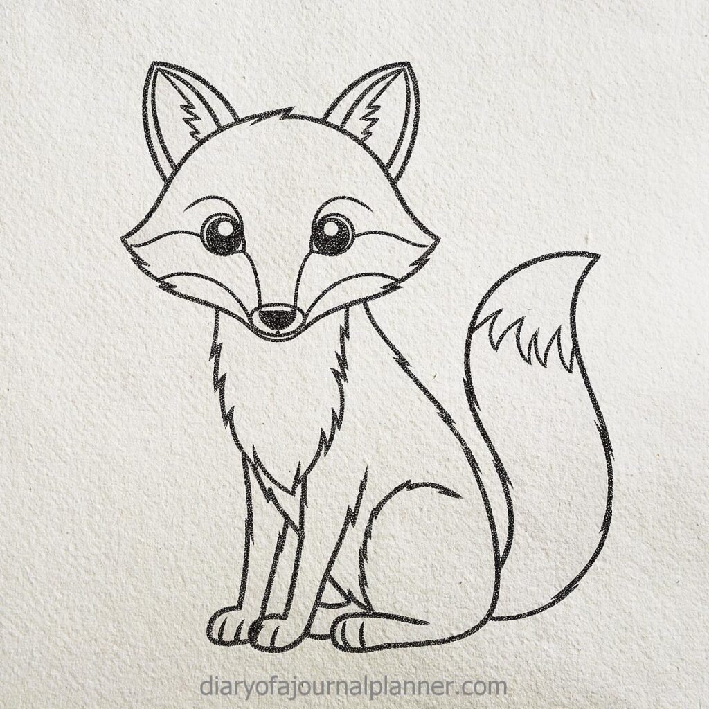 Cute fox coloring page outline, perfect for kids and adults to color and enjoy.