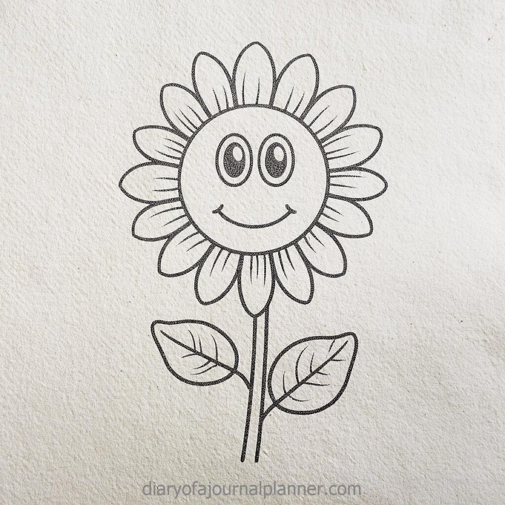 Smiling sunflower cartoon drawing with two leaves on textured background, outlined for coloring pages.