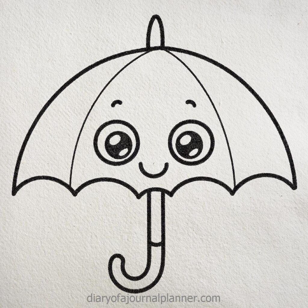 Cute umbrella coloring page with a smiling face, perfect for kids' art activities and creative fun.