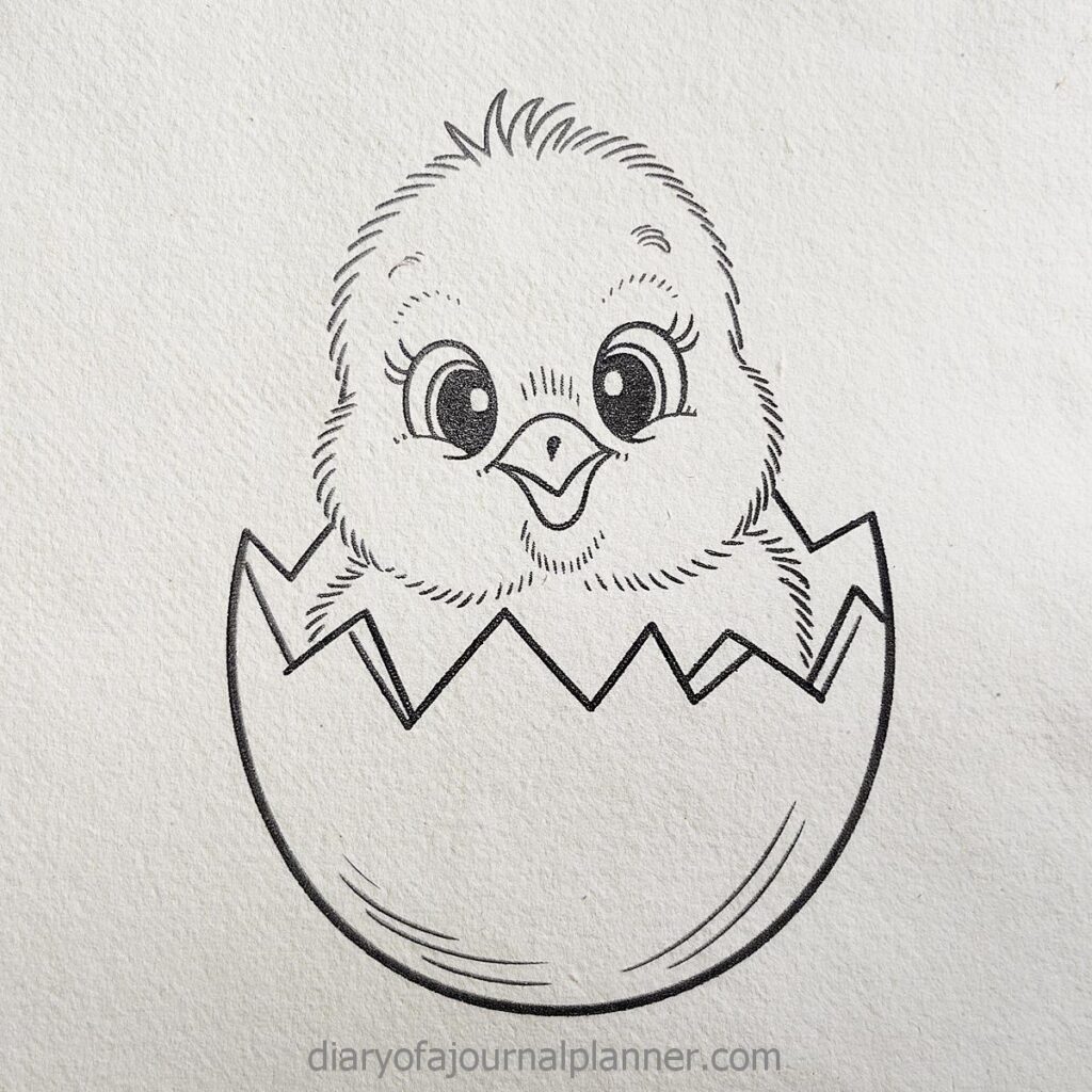 Adorable cartoon chick hatching from egg, perfect for coloring pages and kids' activities.