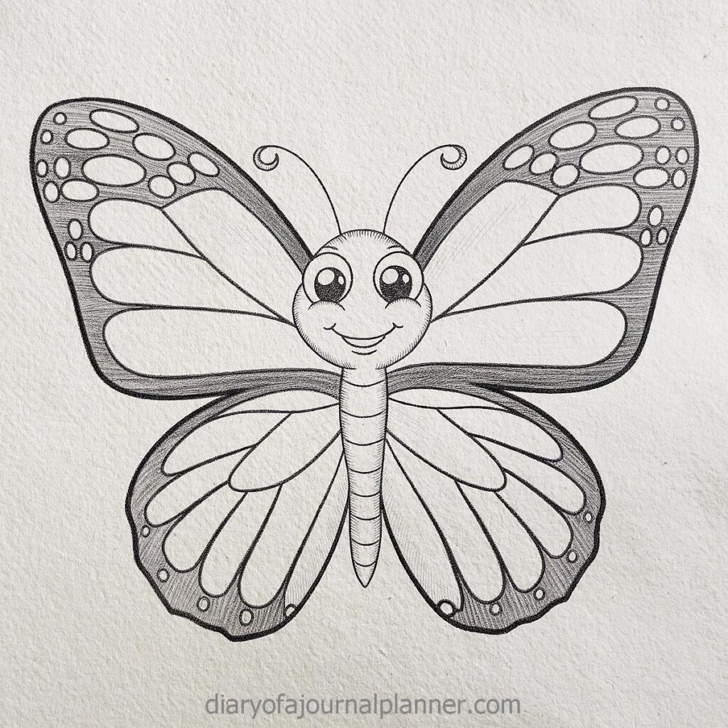 Cute smiling butterfly drawing with patterned wings, perfect for coloring or craft activities.