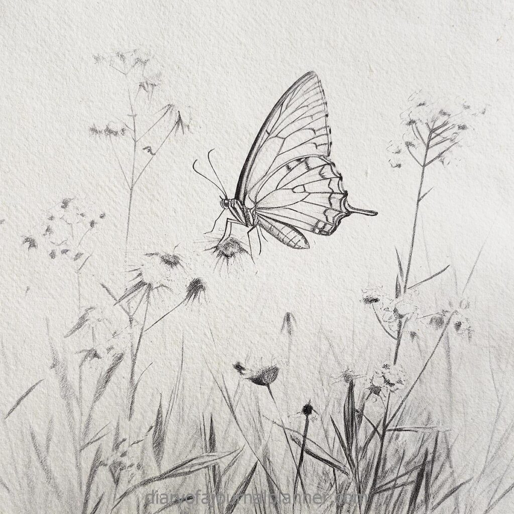 Pencil drawing of a butterfly on wildflowers in a rustic meadow setting, showcasing intricate natural details.