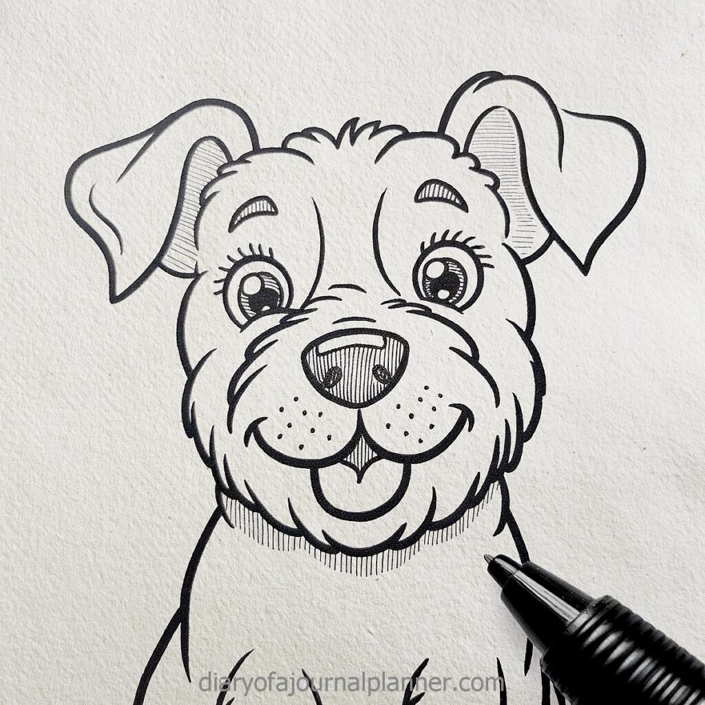 Cute cartoon puppy drawing in black ink, showcasing its happy expression and floppy ears.