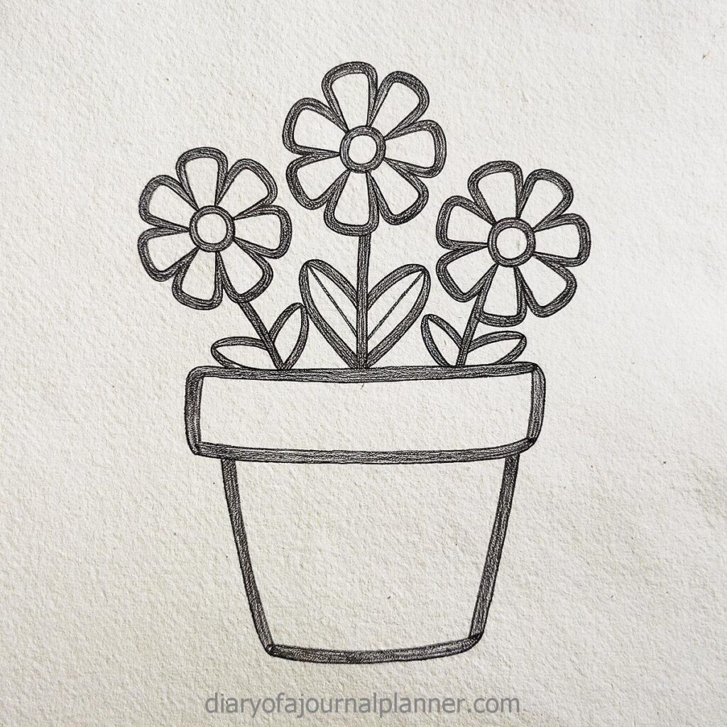 Line drawing of three daisy flowers in a pot, perfect for coloring pages or creative journaling.