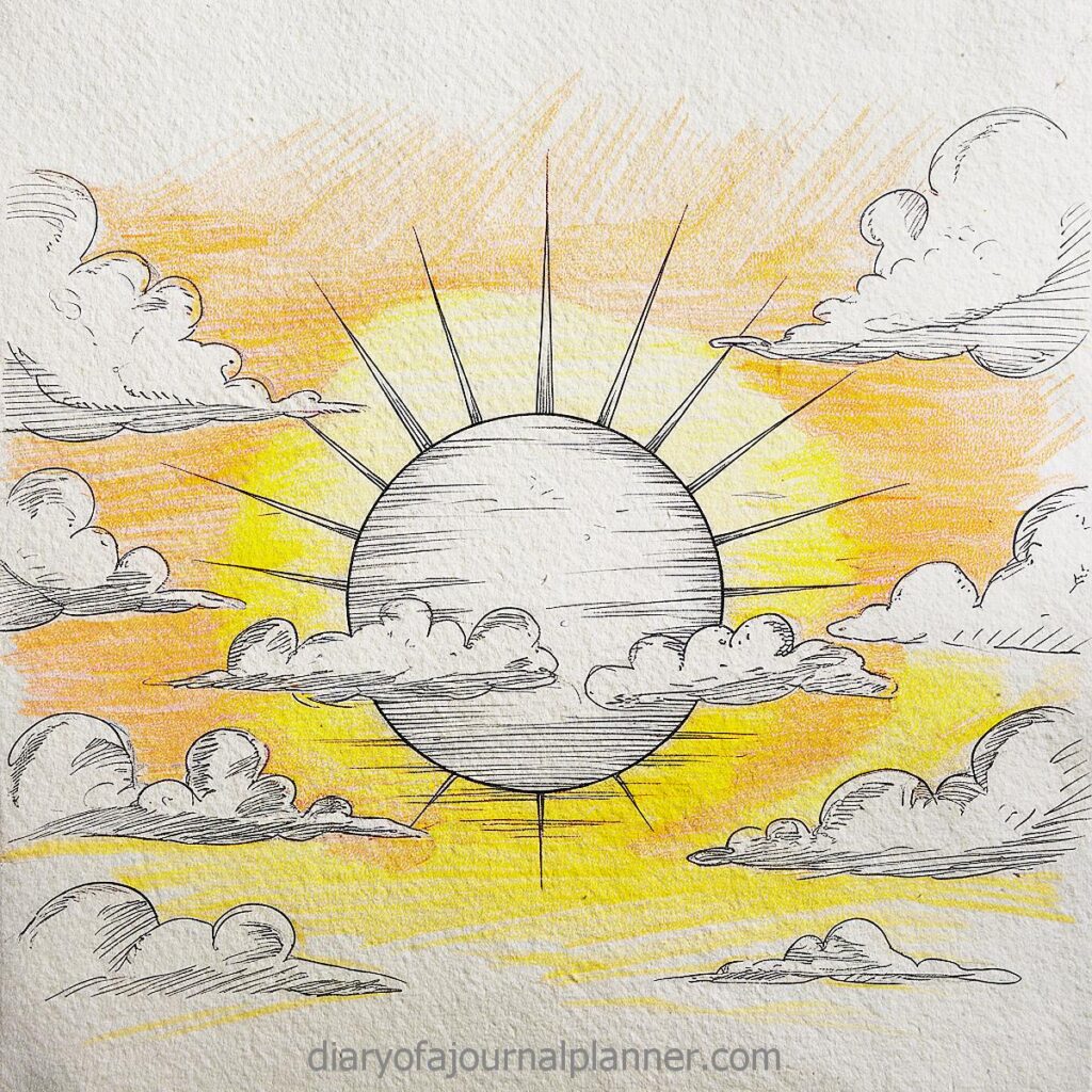 Hand-drawn sun with clouds in a vibrant yellow-orange sky, perfect for artistic and creative backgrounds.