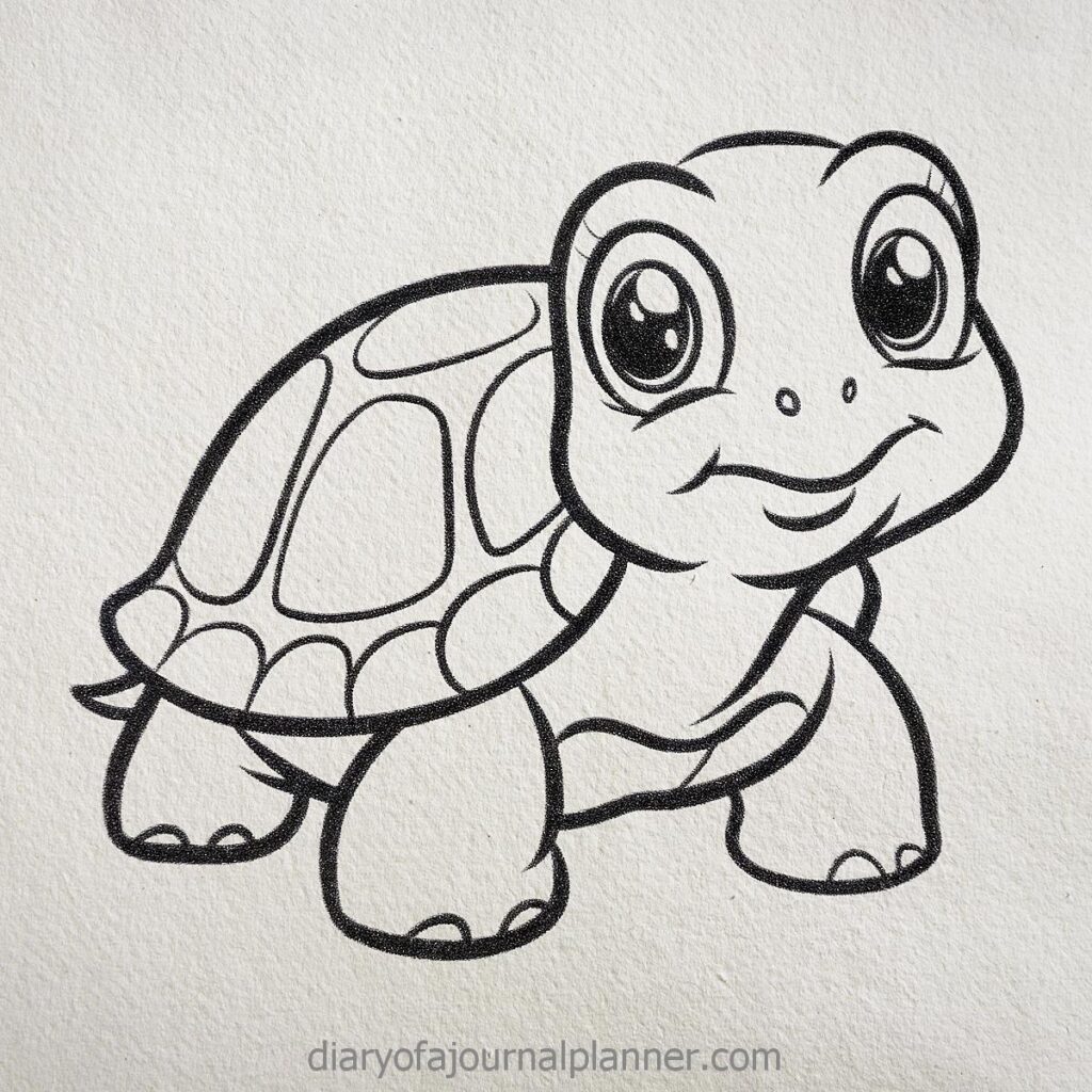 Cute cartoon turtle with big eyes and a detailed shell, black and white line drawing on textured paper.