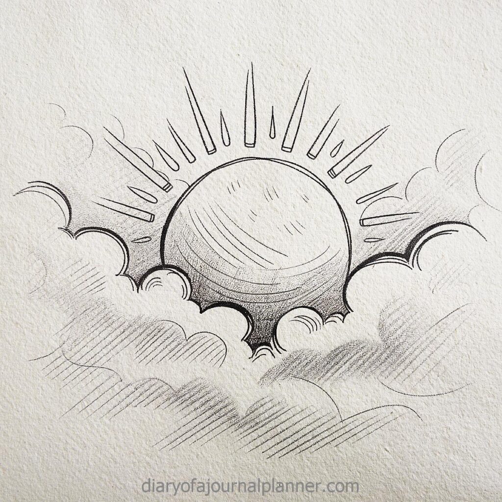 Illustration of the sun rising behind clouds, emitting rays, in a sketched style on textured paper background.