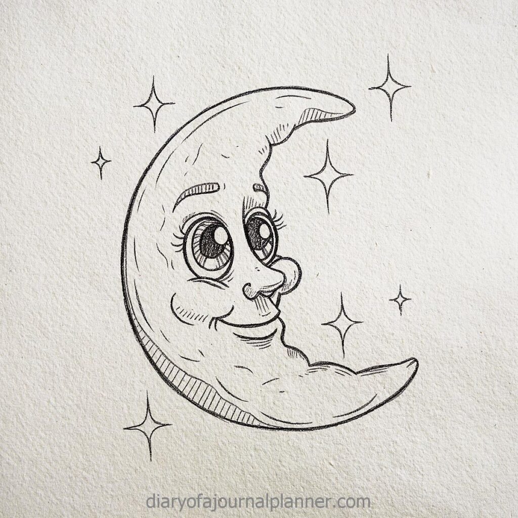 Smiling crescent moon sketch with stars, whimsical night illustration on textured paper.