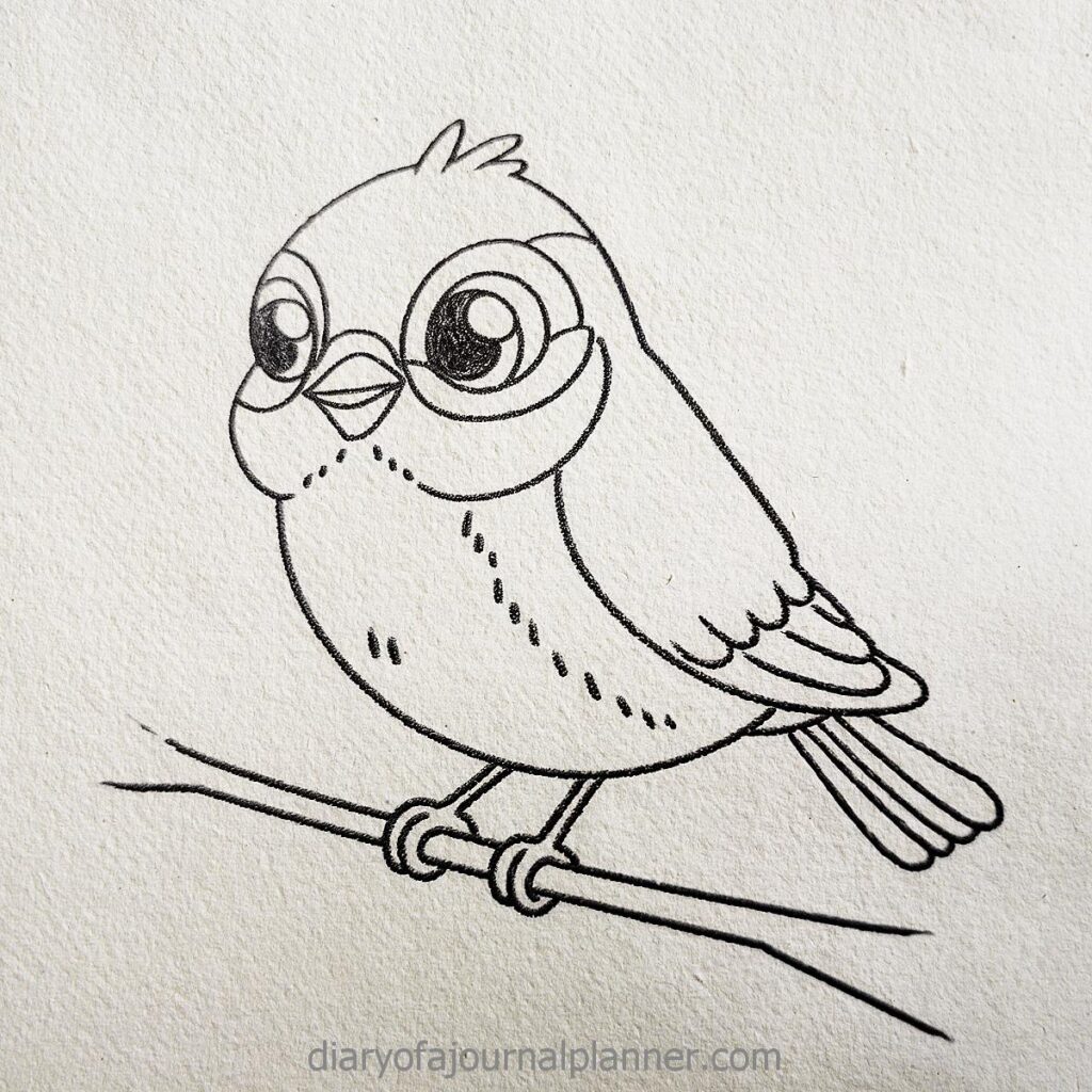 Cute bird line drawing sitting on a branch, outlined sketch on textured paper background.