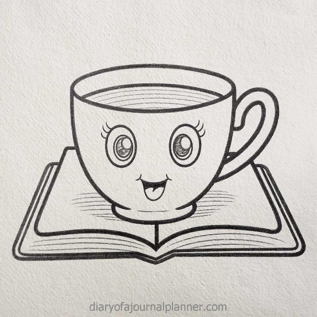 Happy teacup with big eyes on an open book, sketch style. Perfect for cozy reading moments.