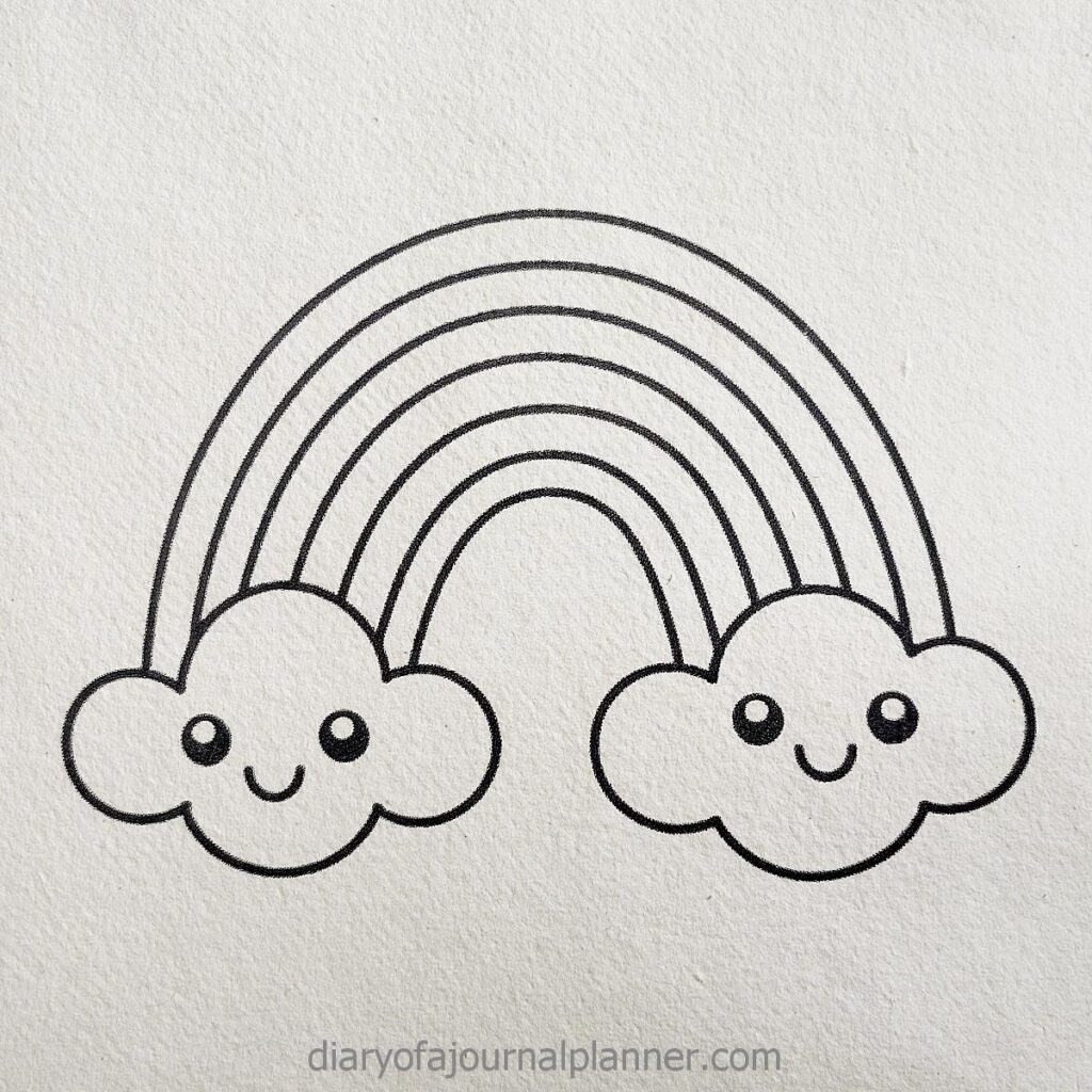 Cute hand-drawn rainbow with smiling clouds, perfect for coloring or children's illustrations.