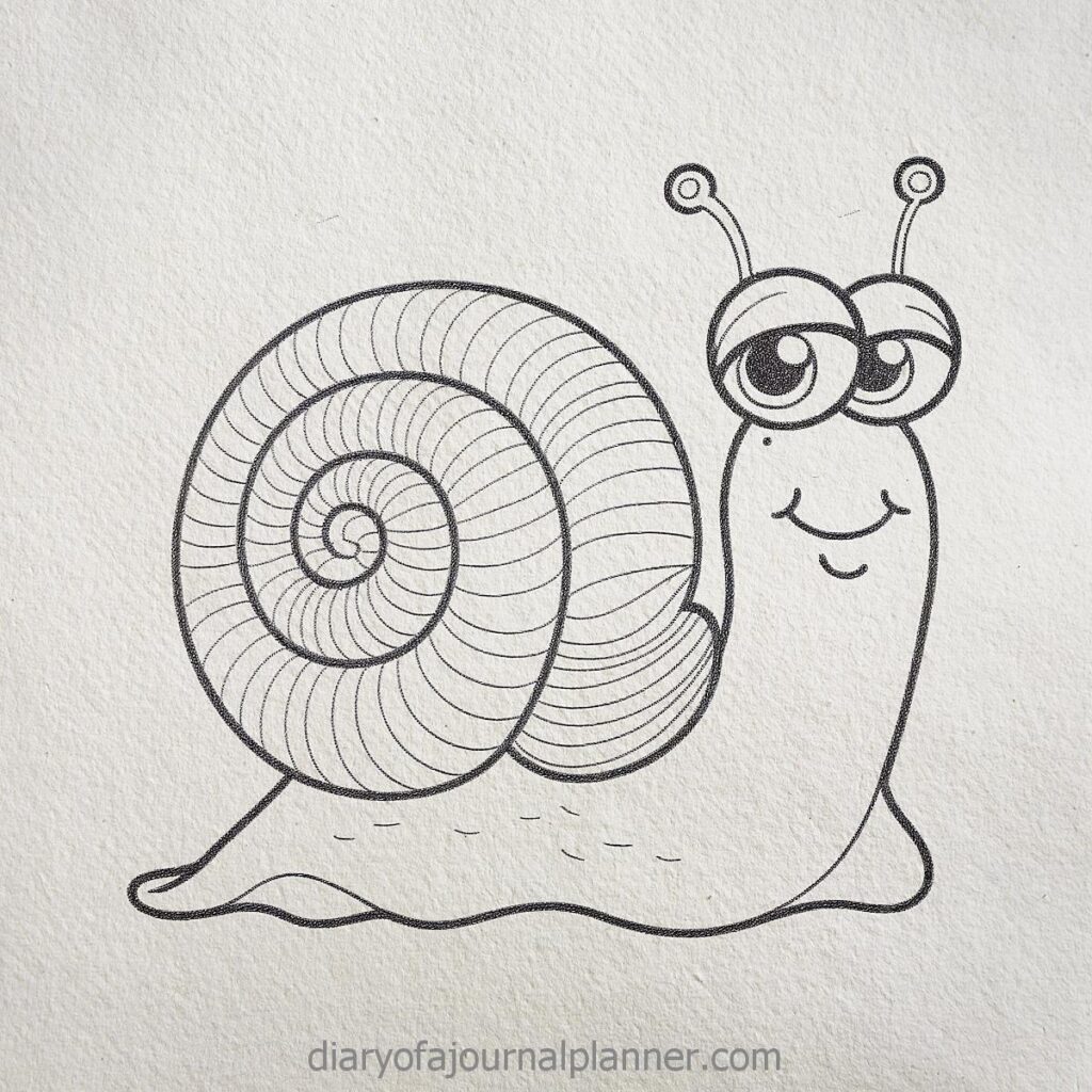 Cute cartoon snail with spiral shell and smiling face, perfect for coloring pages and kids' activities.