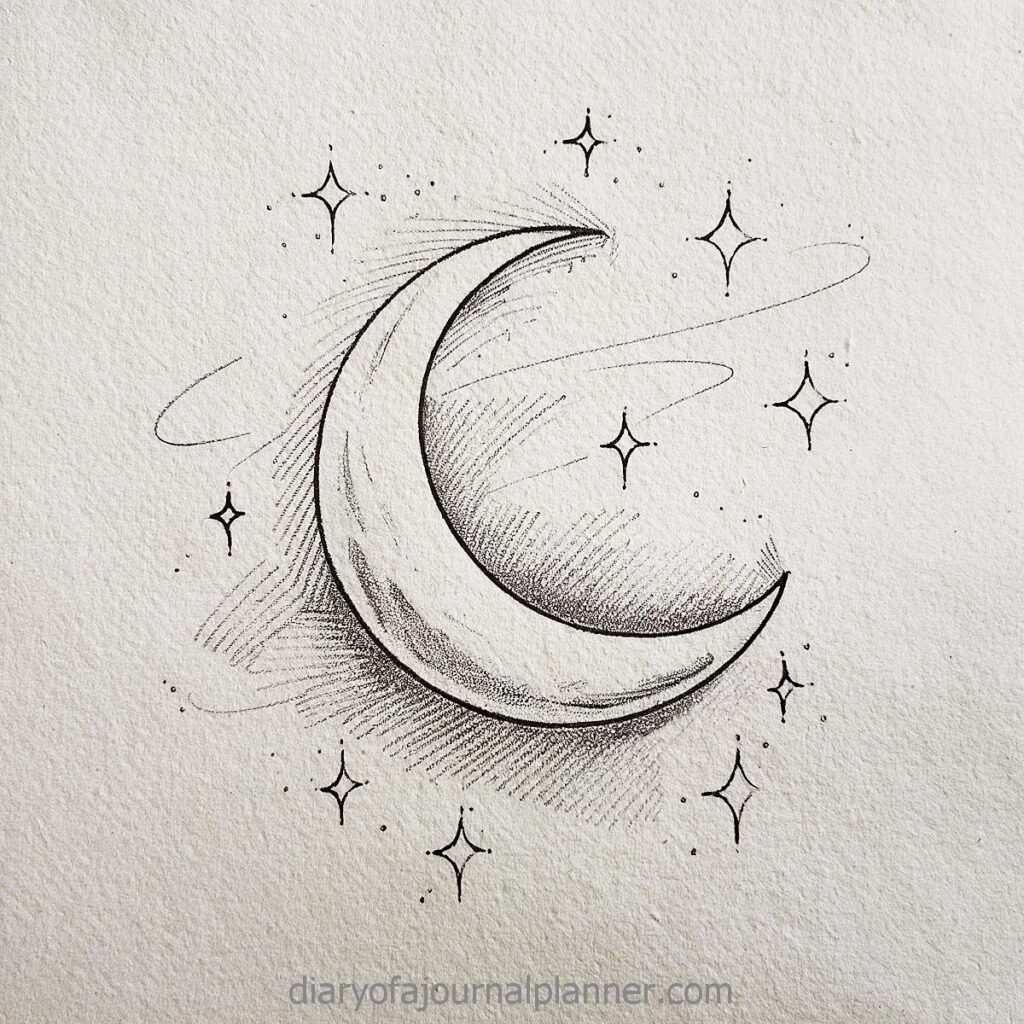 Minimalist crescent moon drawing surrounded by stars, sketched on textured paper.