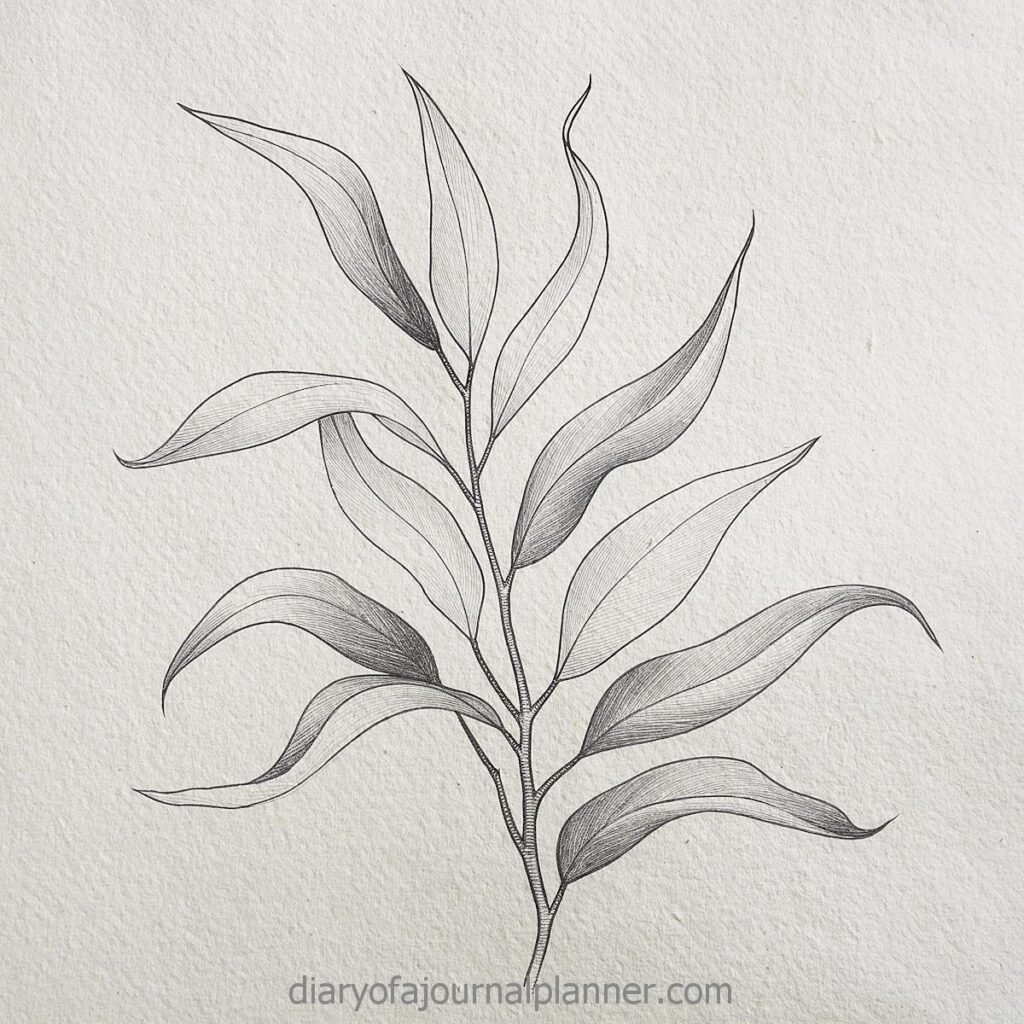 Monochrome botanical leaf illustration on textured paper background.