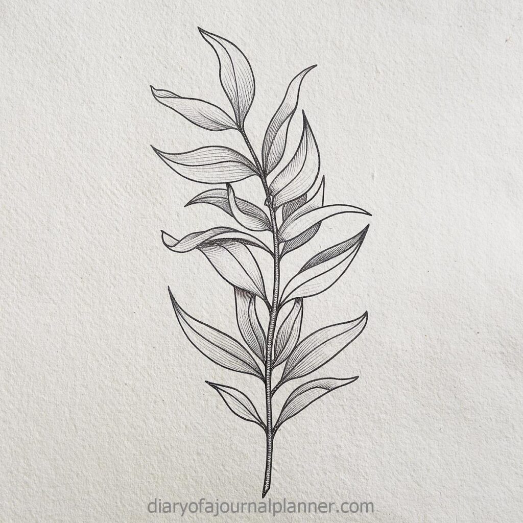 Ink drawing of a single leafy branch on textured paper, minimalist botanical art design.
