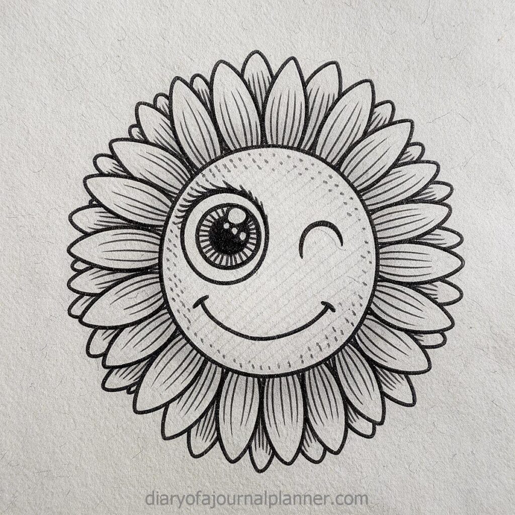 Winking sunflower with a smiling face, hand-drawn in black ink on textured paper.