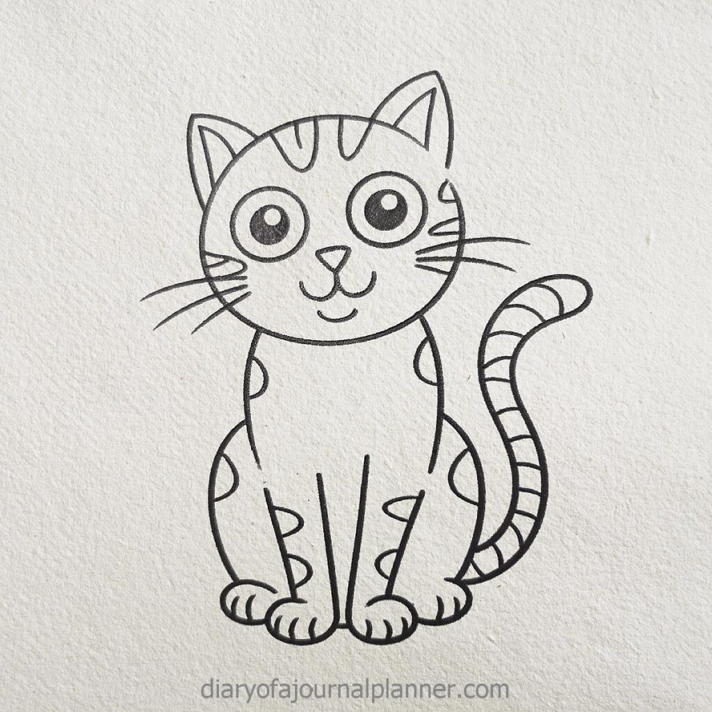 Cute cartoon cat drawing with wide eyes and stripes, perfect for coloring.