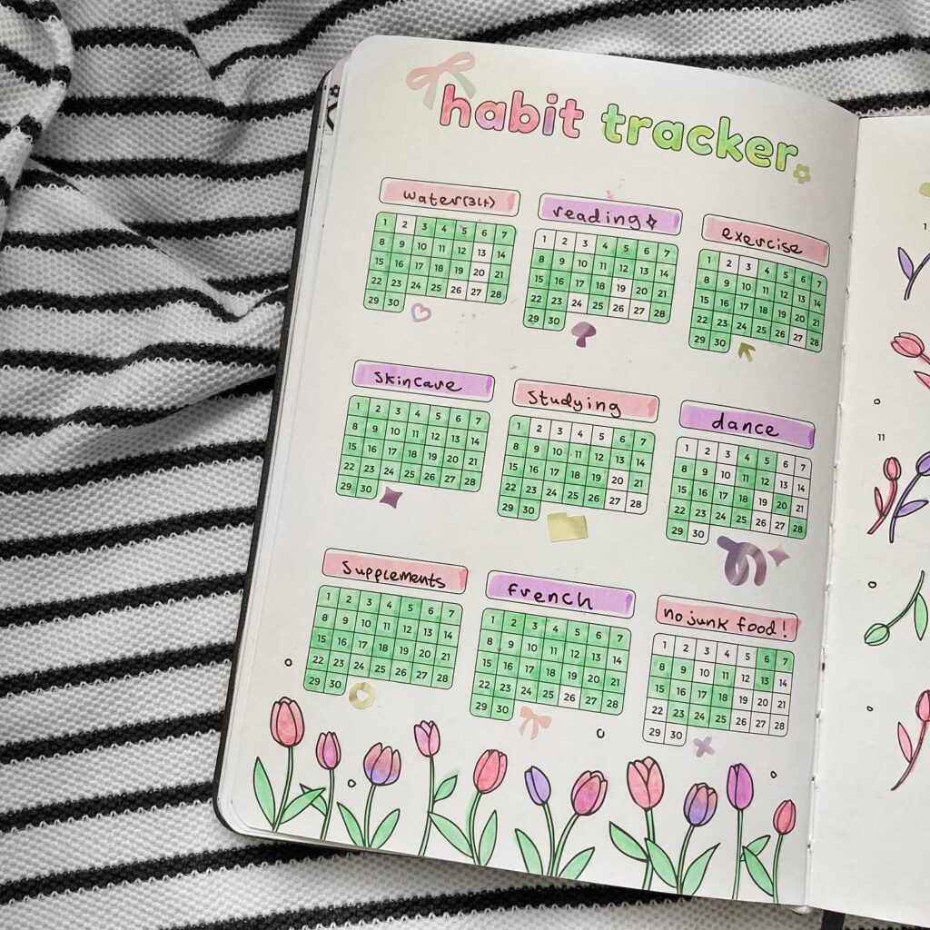 Colorful bullet journal habit tracker with floral design, featuring daily goals like reading and exercise on a striped fabric.