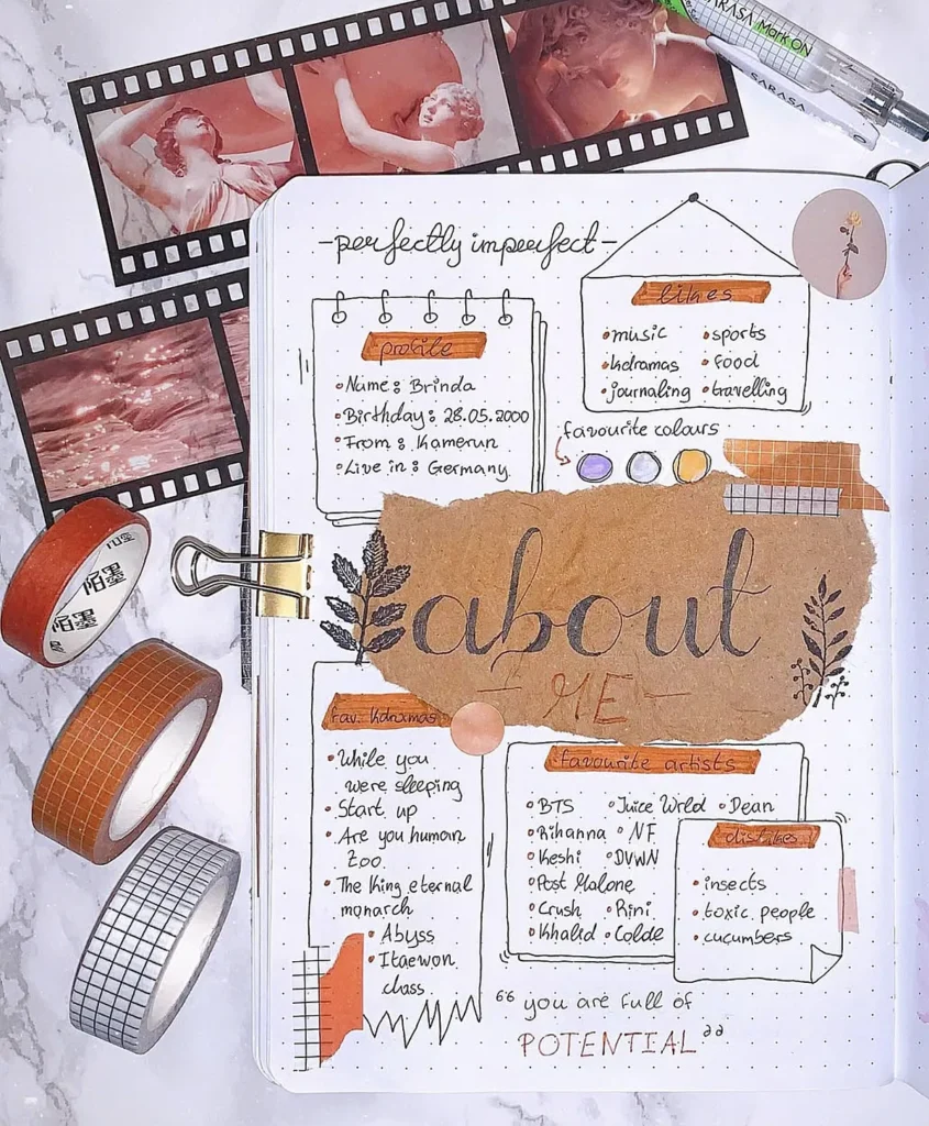 Handwritten scrapbook page with profile details, hobbies, favorite artists, dislikes, and decorative tape.