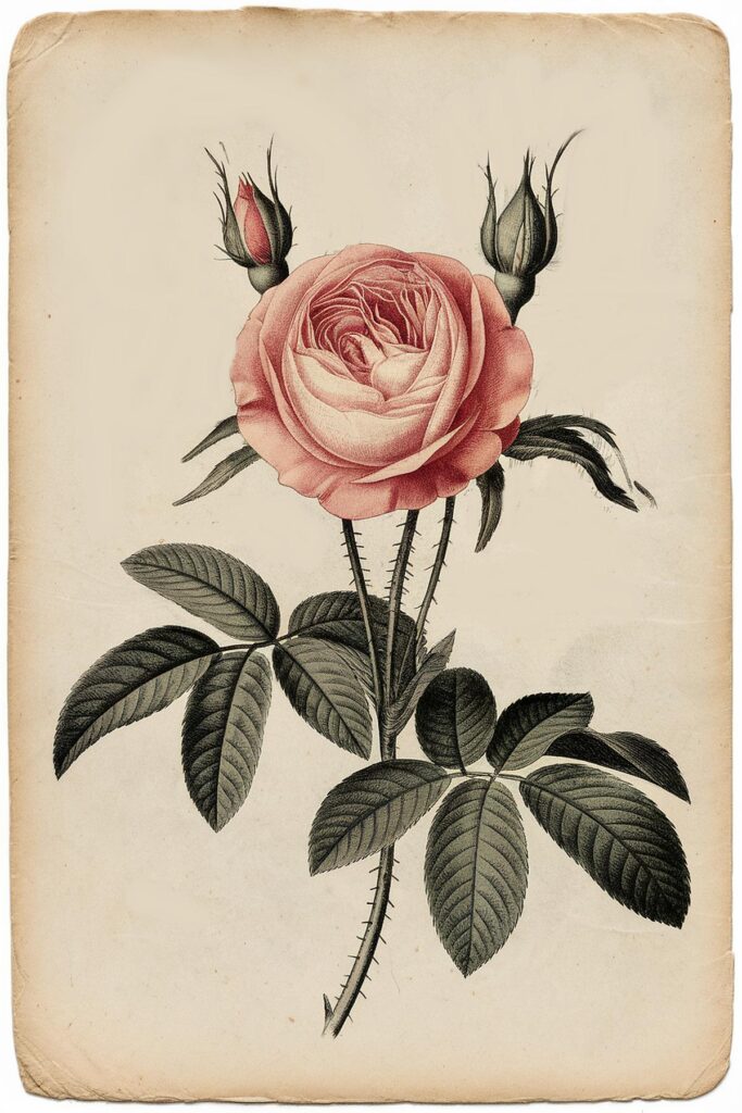Vintage botanical illustration of a pink rose with green leaves and buds on an aged background.