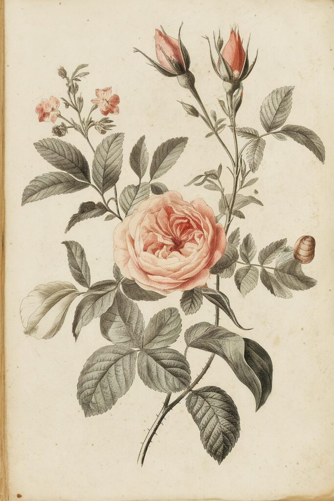 Vintage botanical illustration of pink roses with green leaves, showcasing intricate details and classic artistry.