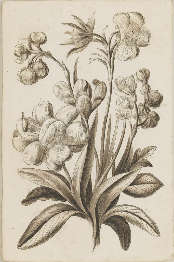 Vintage botanical illustration of blooming flowers with detailed leaves, showcasing intricate line art.
