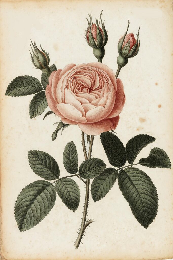 Vintage botanical illustration of a pink rose with green leaves and buds, showcasing intricate floral details.