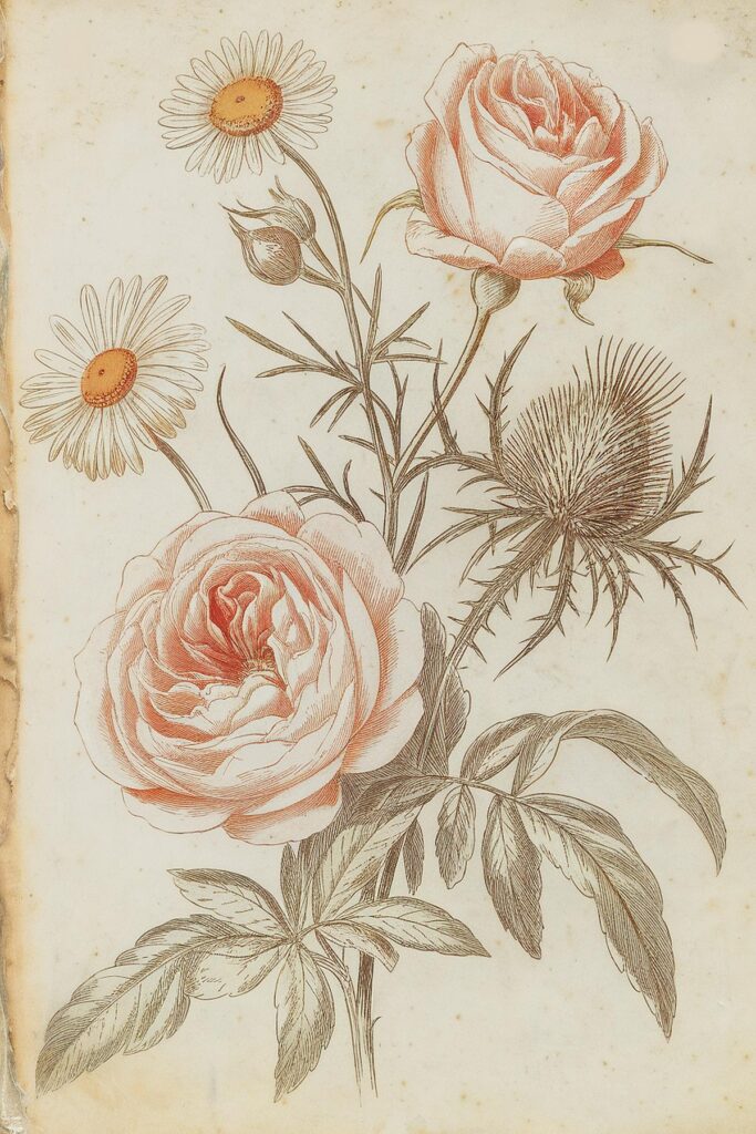 Vintage botanical illustration featuring pink roses, daisies, and thistle on an aged background.