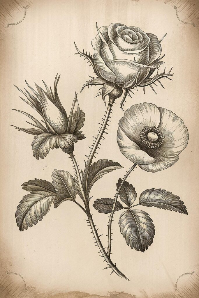 Vintage botanical illustration of a rose and poppy on aged paper background.