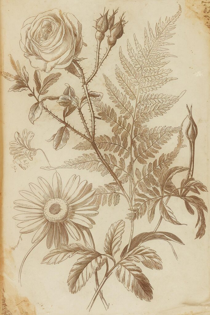 Vintage botanical illustration of rose, daisy, and fern on aged paper background.