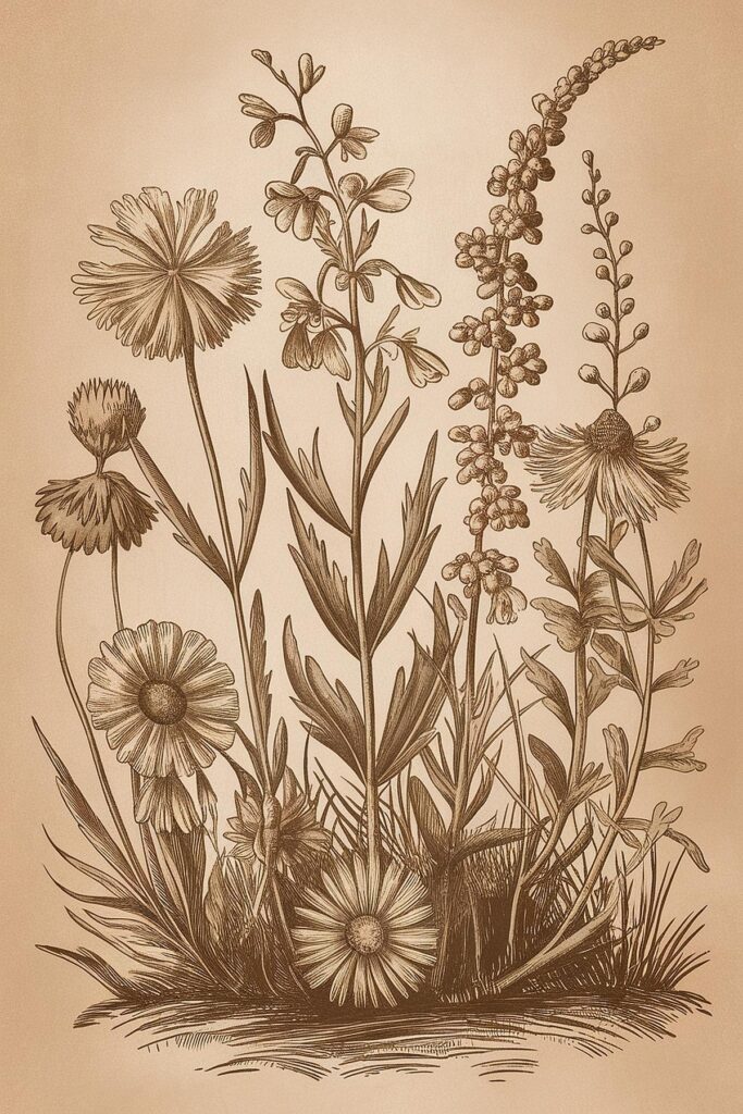 Vintage botanical illustration of wildflowers and plants on a sepia background.
