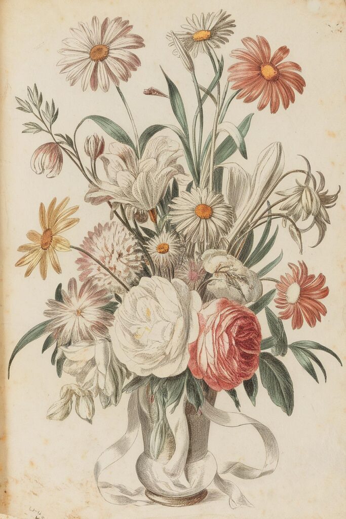 Vintage botanical illustration of assorted wildflowers in a vase, showcasing daisies and roses with delicate detailing.