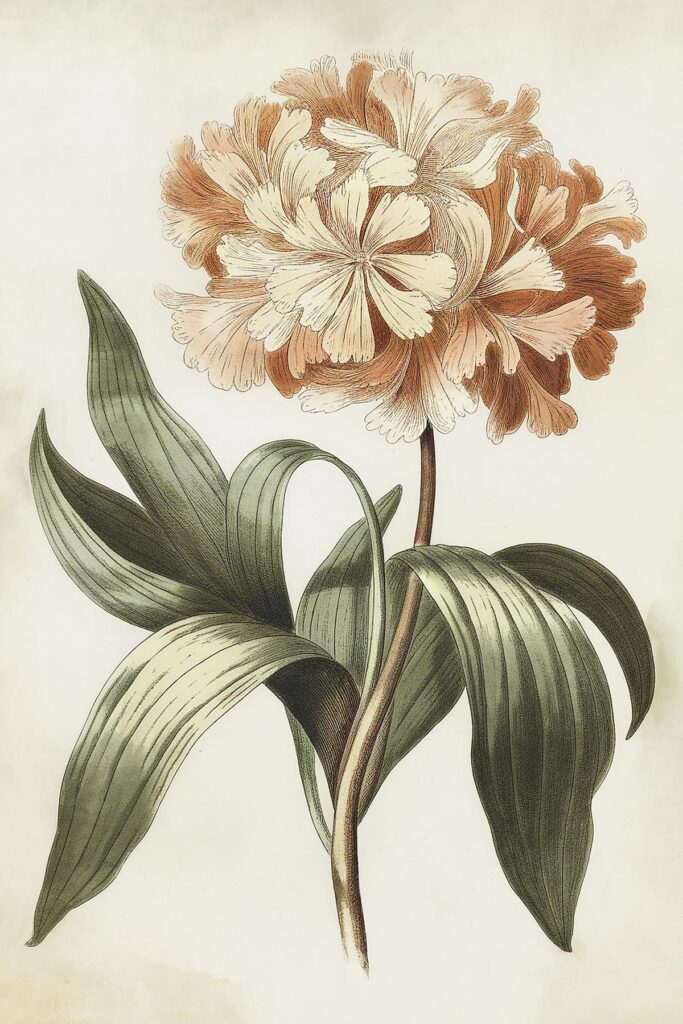 Vintage botanical illustration of a vibrant, detailed flower with lush green leaves against a soft background.