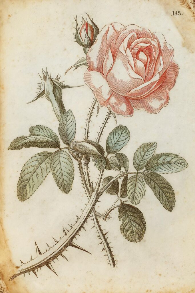 Vintage botanical illustration of a pink rose with green leaves and thorns on aged paper.