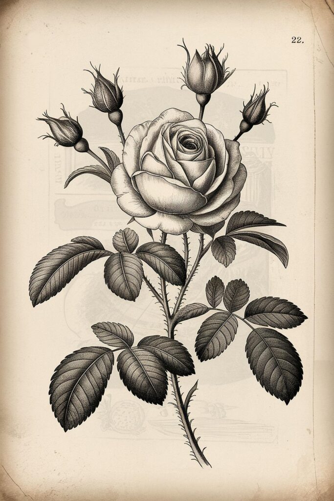 Vintage botanical illustration of a detailed rose with budding flowers and leaves, on an aged paper background.