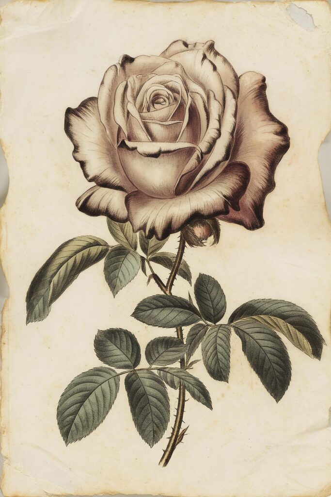 Vintage botanical illustration of a rose with detailed leaves on aged paper background.