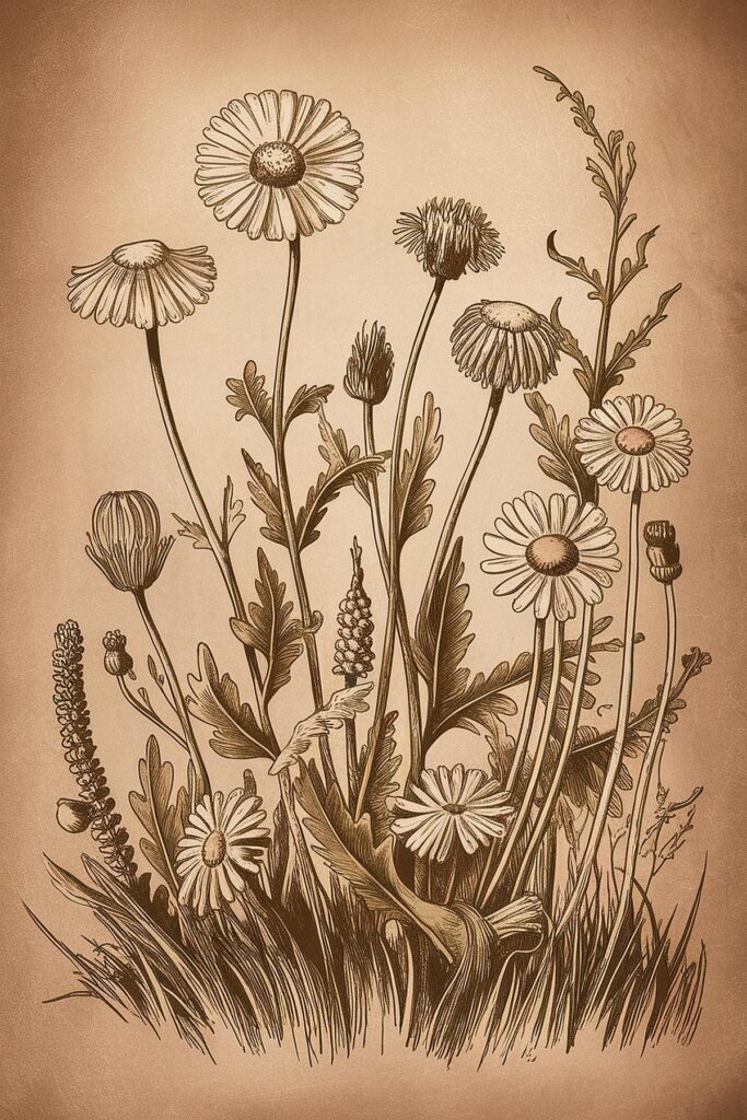 Vintage botanical illustration of daisies and wildflowers on a beige background.