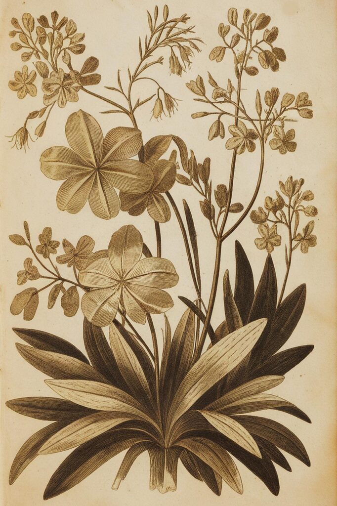 Antique botanical illustration of intricate flowers and leaves, showcasing detailed vintage artistry.