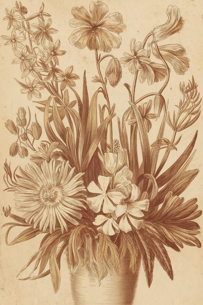Vintage botanical illustration of diverse flowers in a vase, sepia-toned line art, detailed floral artistry.