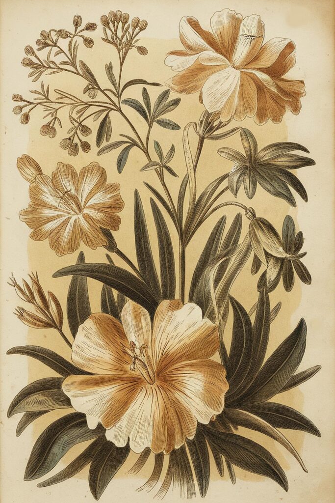 Vintage botanical illustration of blooming flowers and foliage, detailed in sepia tones.