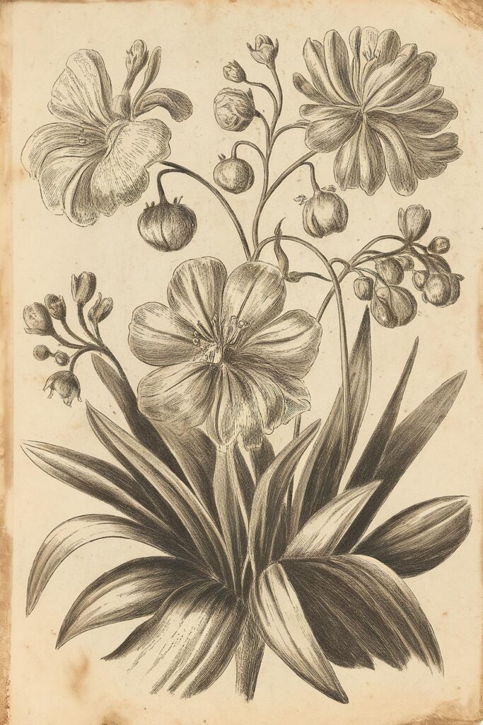 Vintage botanical illustration of intricate flowers and leaves in detailed black and white engraving.