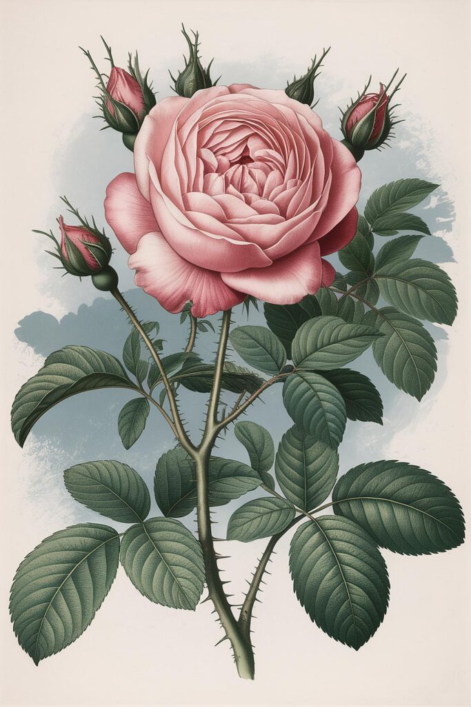 Vintage illustration of a blossoming pink rose with green leaves and buds, set against a soft blue background.