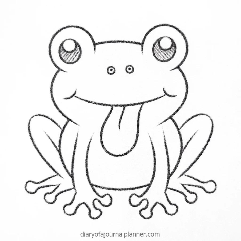Cute cartoon frog drawing with big eyes and extended tongue on a plain background.