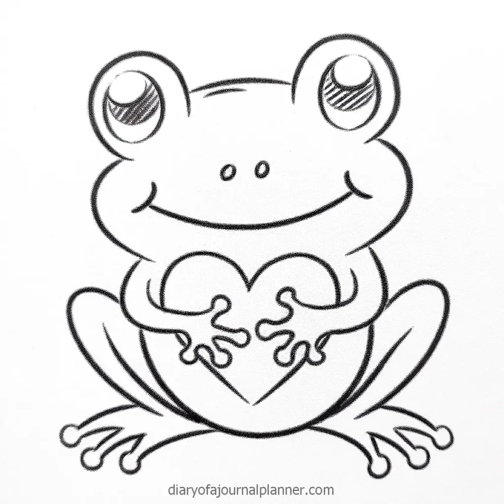 Cute frog doodle with heart, black and white sketch, whimsical art for journals and planners.