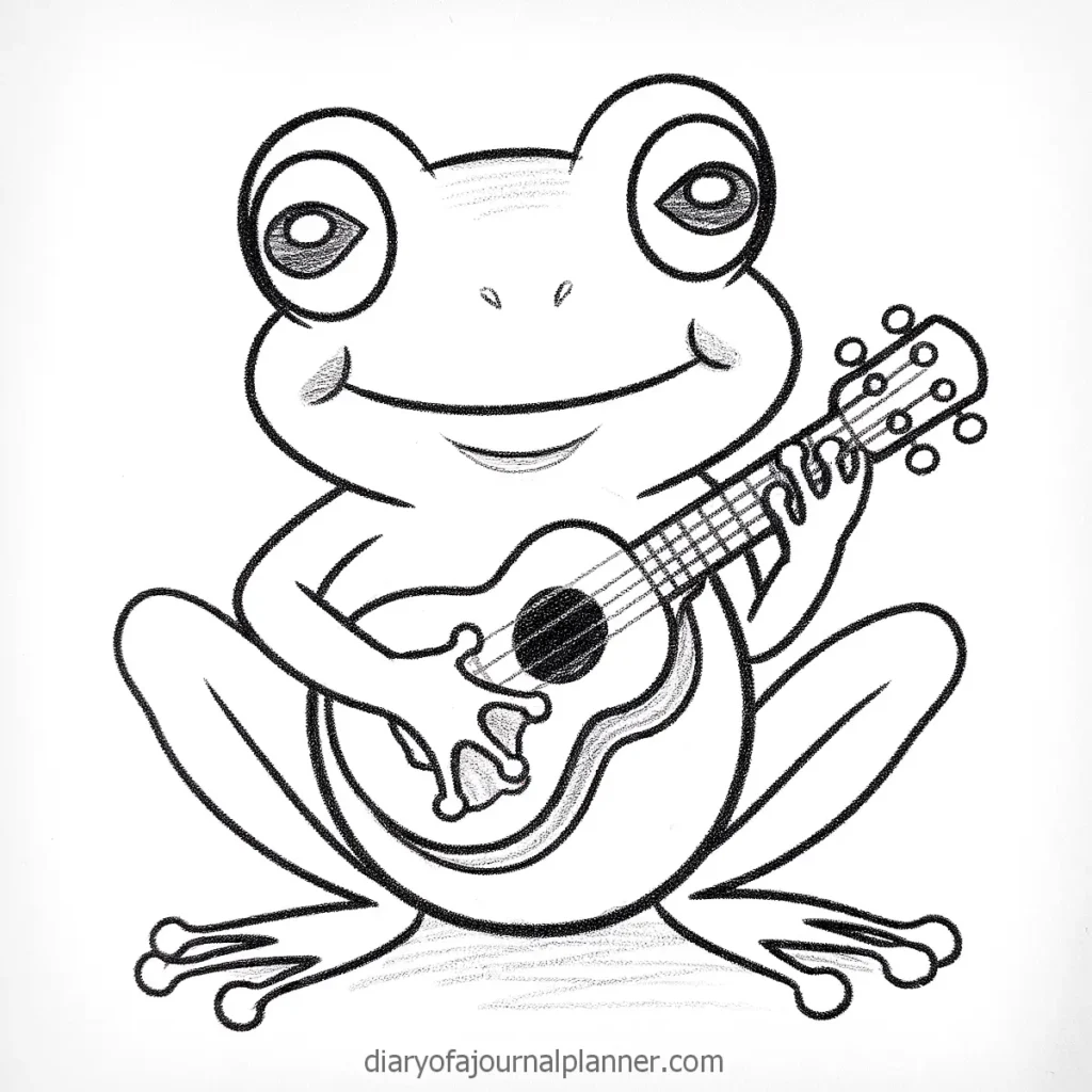 Cartoon frog playing a ukulele, drawing in black and white, smiling and seated.