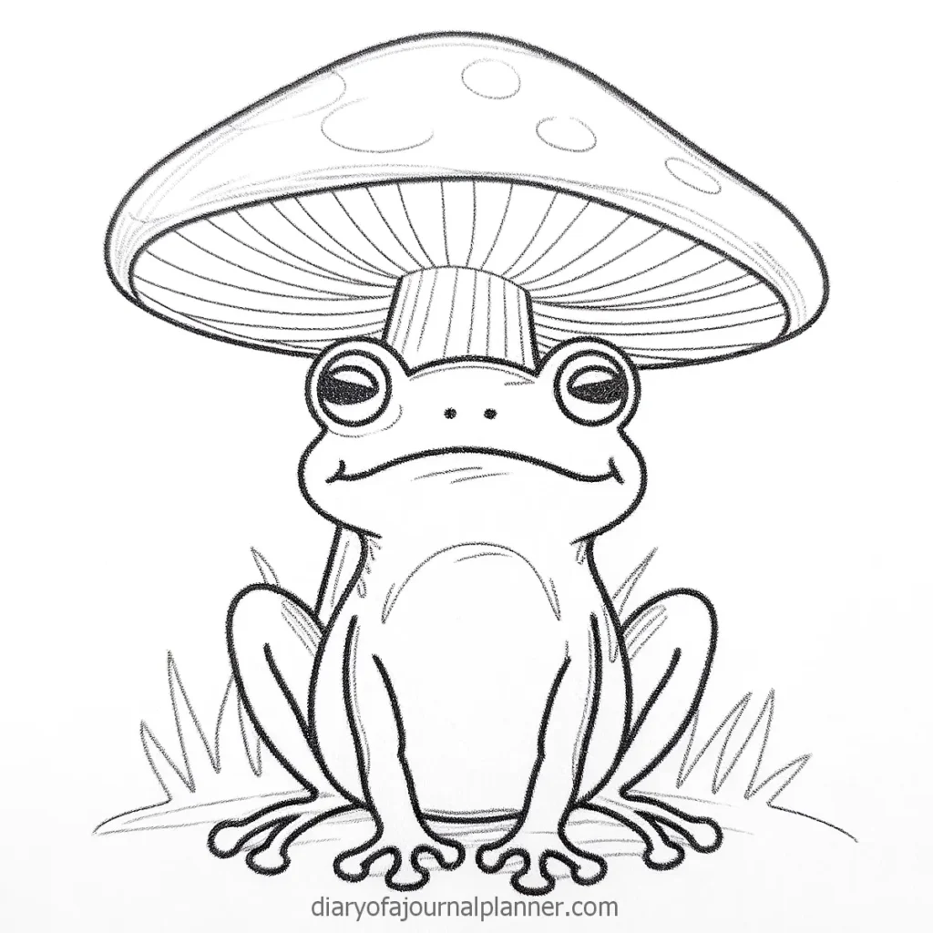 Cartoon frog sitting under a large mushroom, black and white drawing for coloring pages or kids' art activities.
