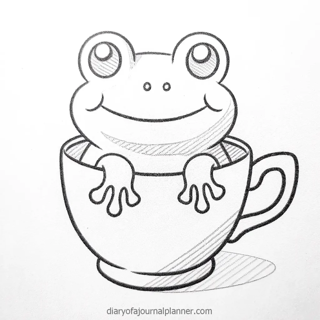 Smiling cartoon frog sitting in a teacup line drawing, cute and whimsical illustration.